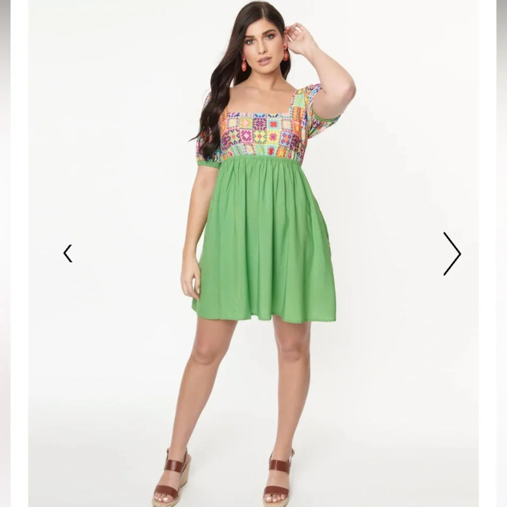 Smak Parlour for Unique Vintage NWT Lime‎ Green & Quilt Pattern Babydoll Dress